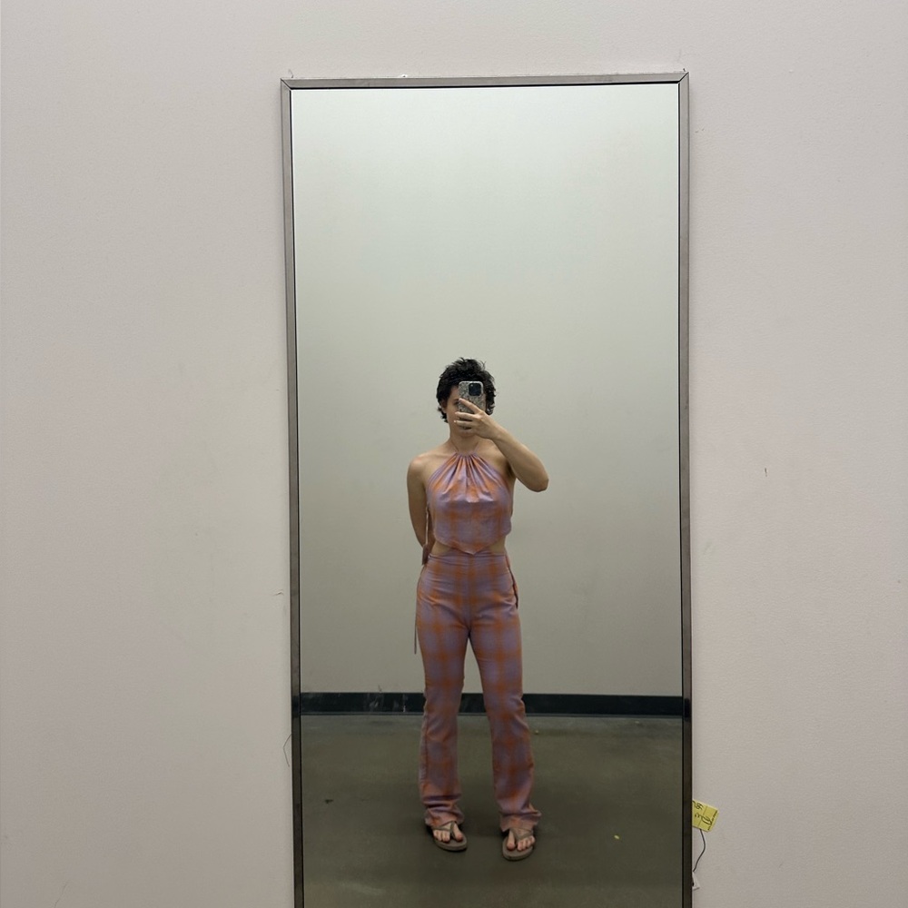 Bailey Rose Orange and Purple Print Jumpsuit with Halter Neck and Tie Back